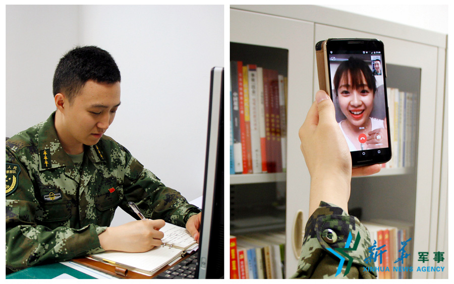 &uarr;陳德正，武警北京總隊七支隊某中隊指導員。七夕前夜堅守在值班崗位上的他，在結(jié)束值班后給妻子打了個視頻電話，通過網(wǎng)絡表達著對妻子的愛意。閆星辰 攝