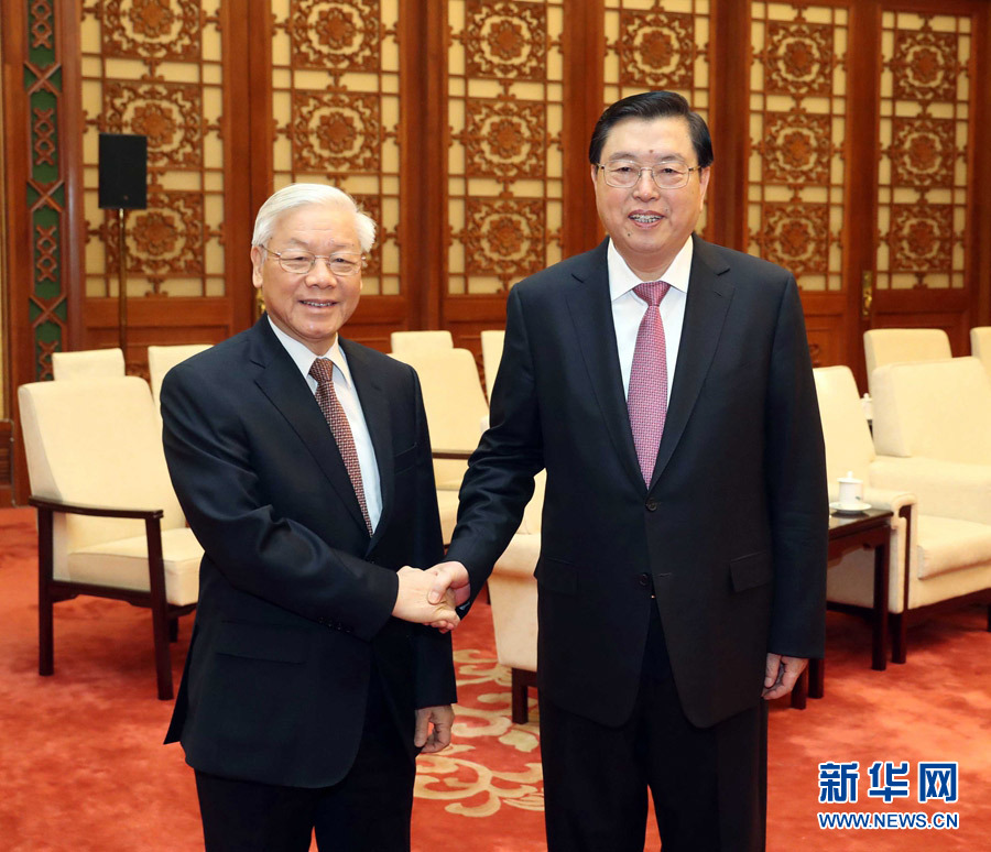 1月13日，中共中央政治局常委、全國(guó)人大常委會(huì)委員長(zhǎng)張德江在北京人民大會(huì)堂會(huì)見(jiàn)越共中央總書(shū)記阮富仲。 新華社記者 劉衛(wèi)兵 攝