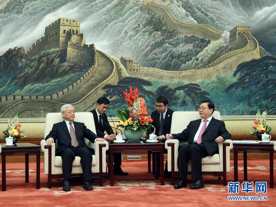 1月13日，中共中央政治局常委、全國(guó)人大常委會(huì)委員長(zhǎng)張德江在北京人民大會(huì)堂會(huì)見(jiàn)越共中央總書(shū)記阮富仲。 新華社記者 劉衛(wèi)兵 攝