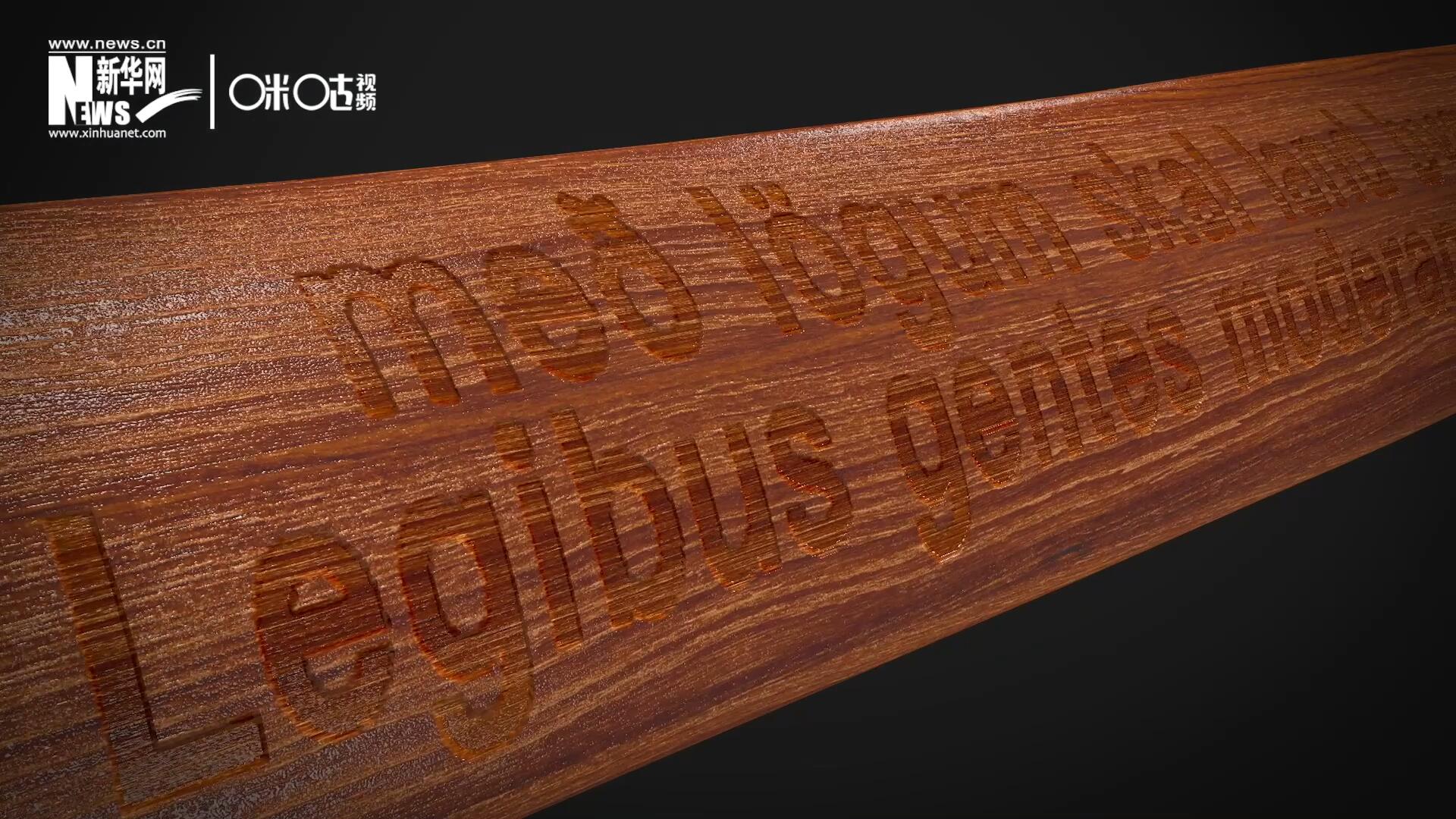 這把木槌尺寸超大、顏色棕紅、精雕細(xì)刻，上面刻有&ldquo;社會(huì)必須建立在法律的基礎(chǔ)上&rdquo;。