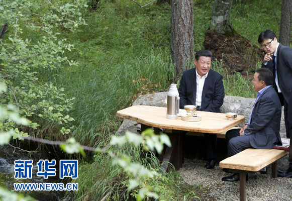 8月22日，國家主席習近平同蒙古國總統(tǒng)額勒貝格道爾吉在烏蘭巴托市郊的總統(tǒng)官邸再次會晤。這是習近平同額勒貝格道爾吉會晤后在溪畔飲茶。新華社記者 黃敬文 攝